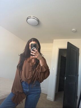 H&M Brown Ruffle V-Neck Blouse